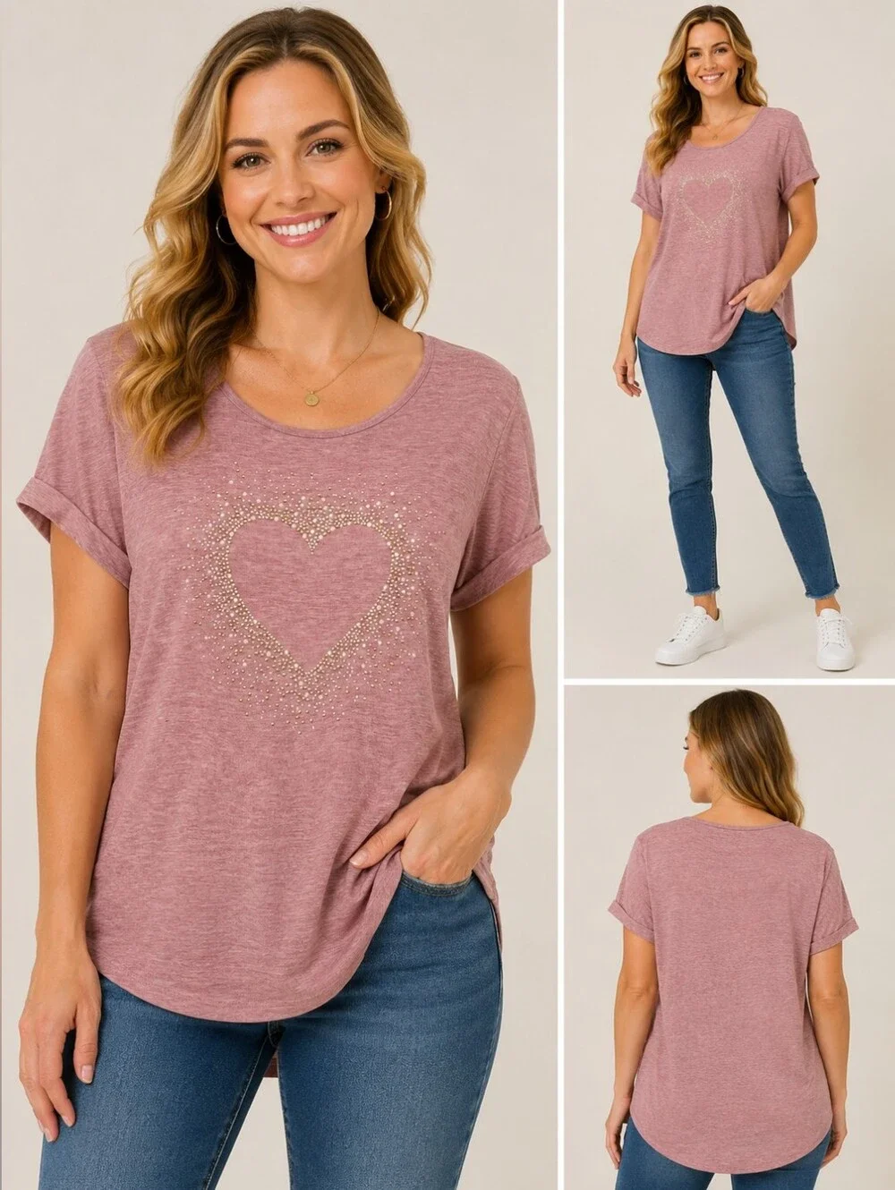 💗 AMANA Rhinestone Heart Embellished Mauve Tee – Size M